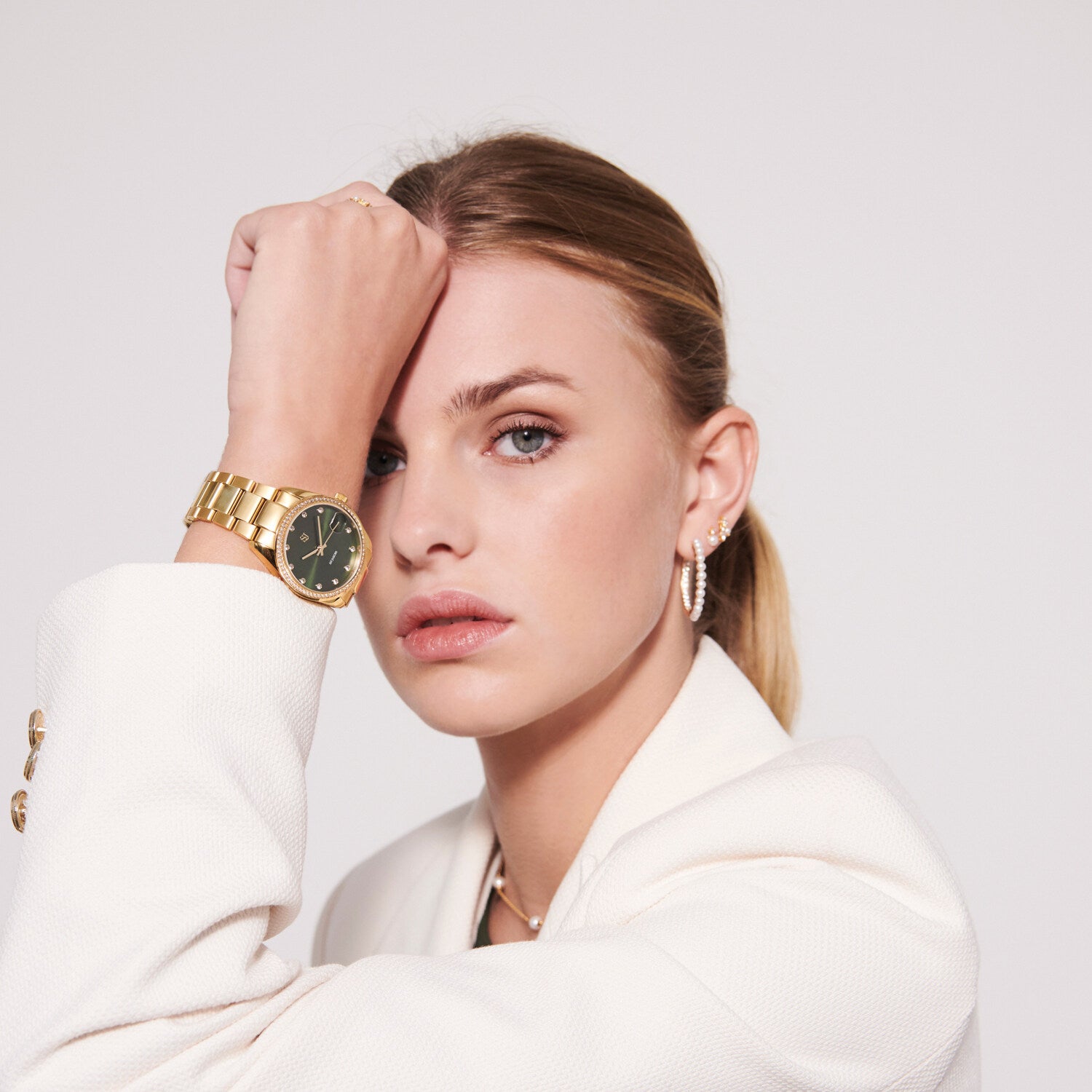 Stainless steel gold | Green dial and white zirconia