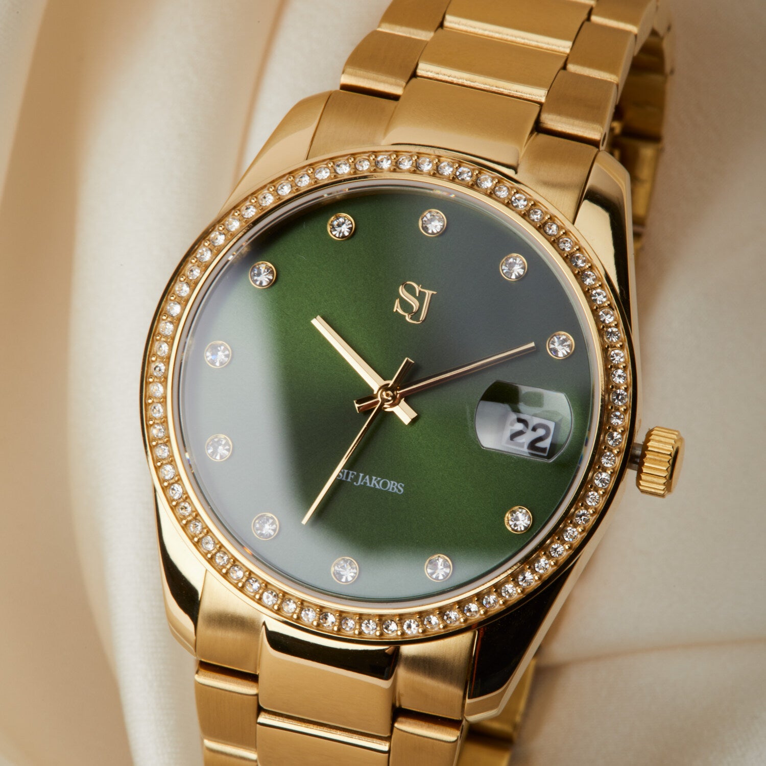 Stainless steel gold | Green dial and white zirconia
