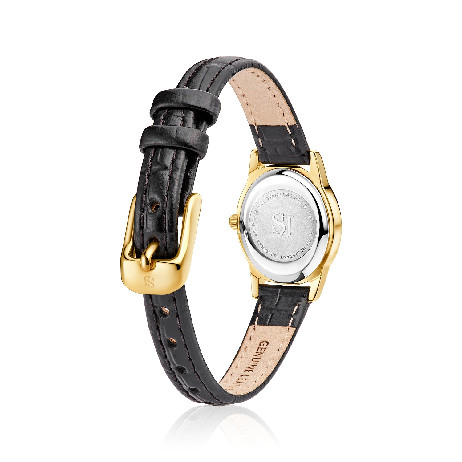 Stainless steel gold | Black leather strap