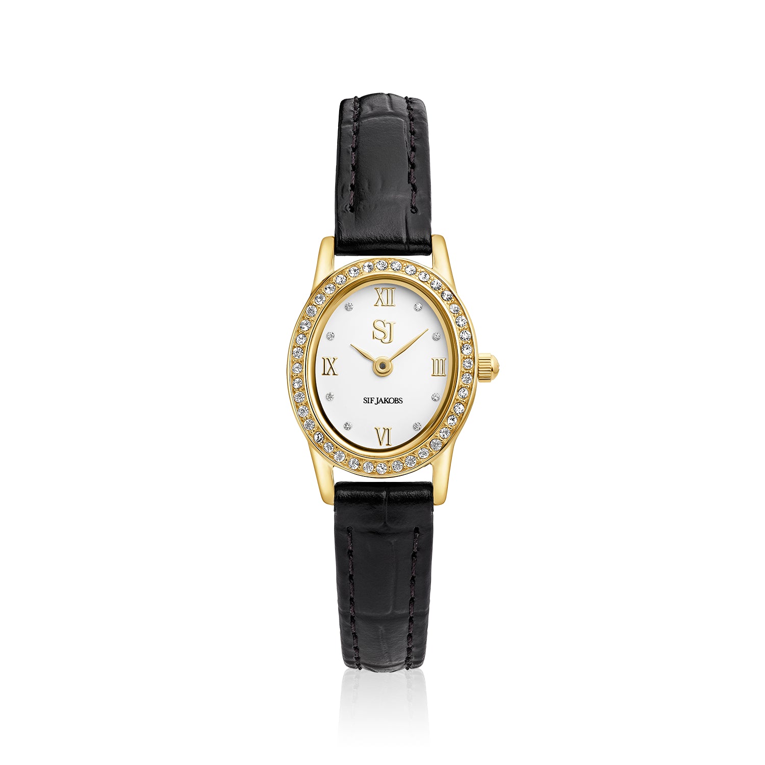 Stainless steel gold | Black leather strap
