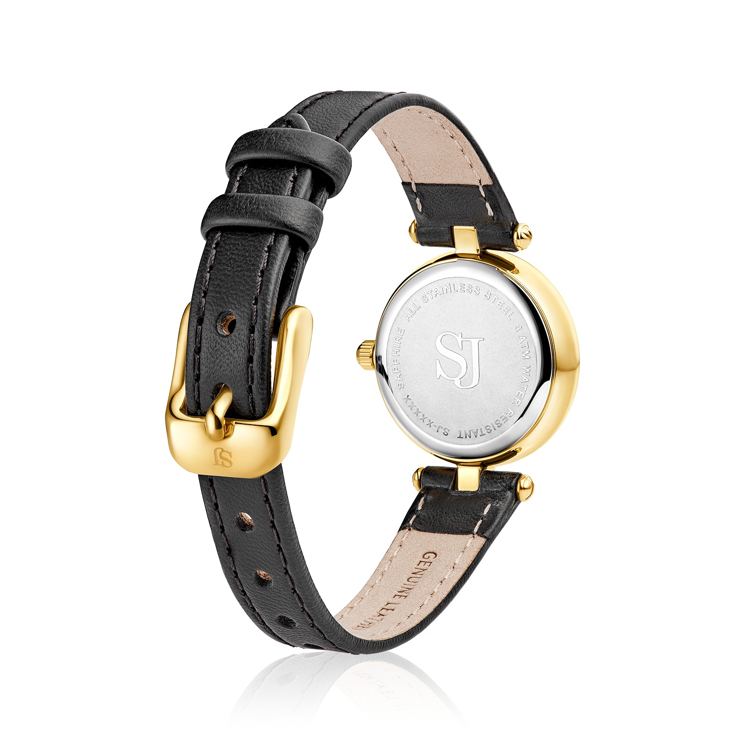 Stainless steel gold | Black leather strap